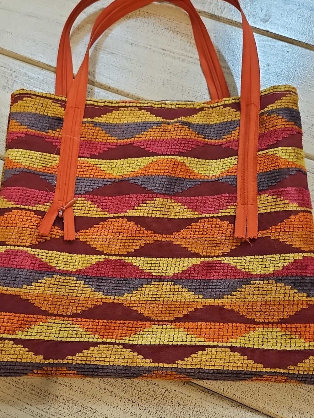 Boho Woven Multi-Color Tote Bag - Orange Handles